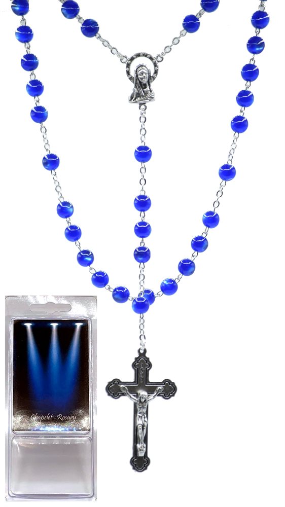 Boxed Rosary, 7mm Blue Acrylic Beads, S-F Corpus