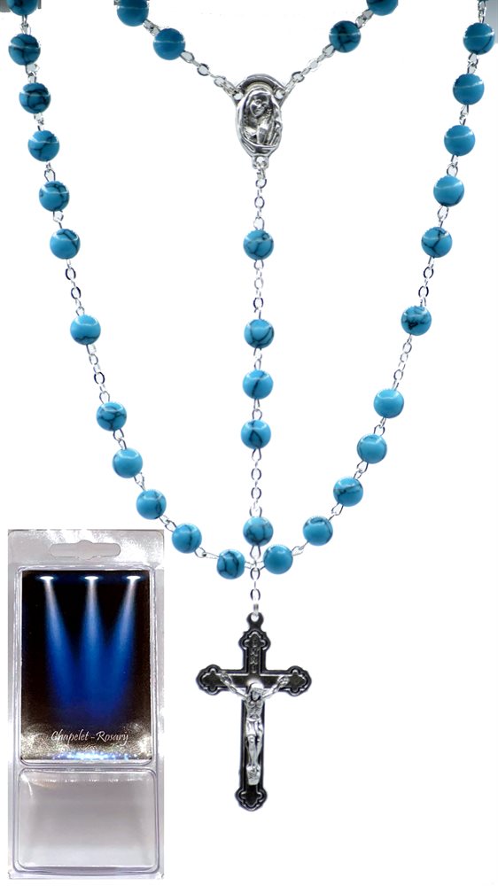 Boxed Rosary, 6 mm Turquoise Gl. Beads, S-F Cross