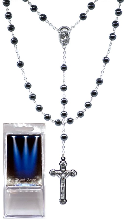 Boxed Rosary, 6 mm Hematite Beads, S-F Cross