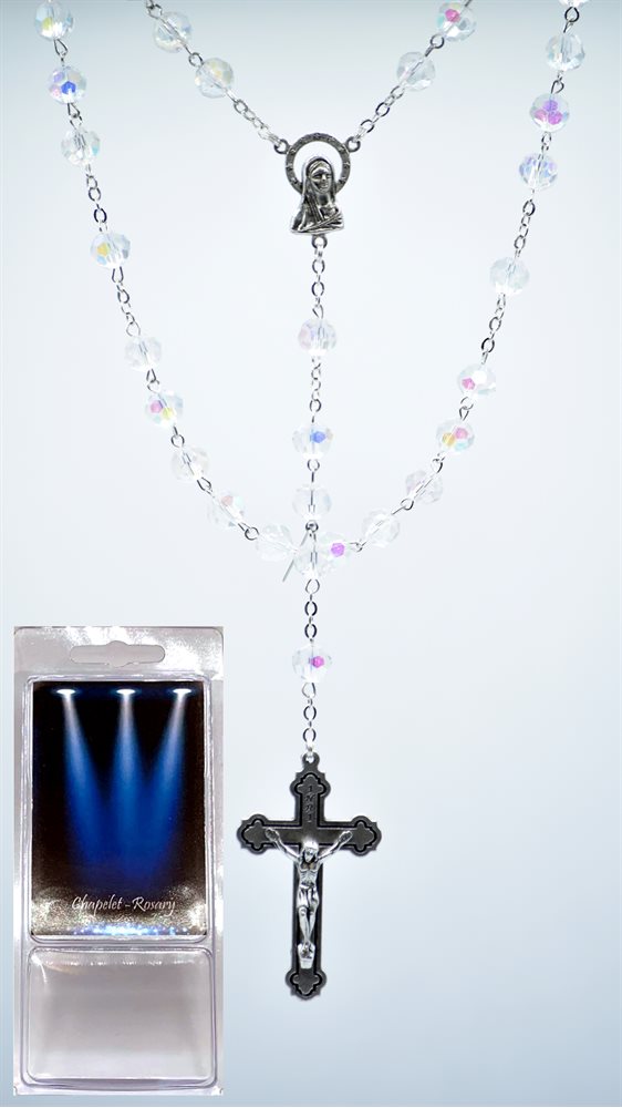 Boxed Rosary, 7 mm Clear Cut Crystal, S-F Cross