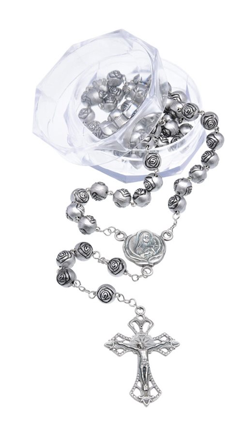 Boxed Rosary, 8 mm Silver Rose Beads