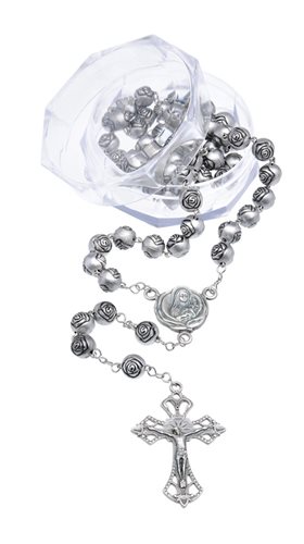 Boxed Rosary, 8 mm Silver Rose Beads