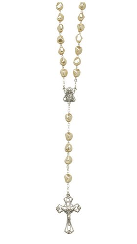 Boxed Rosary, 7 mm Beige Pearled Glass Beads