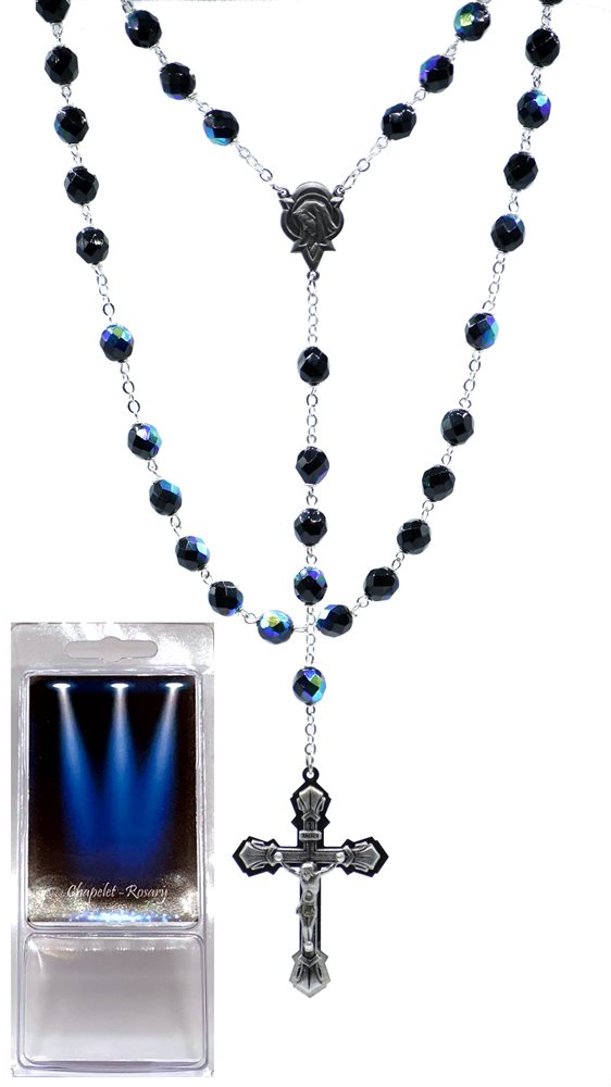 Rosary, 8mm Cut Black Glass Beads, 24"