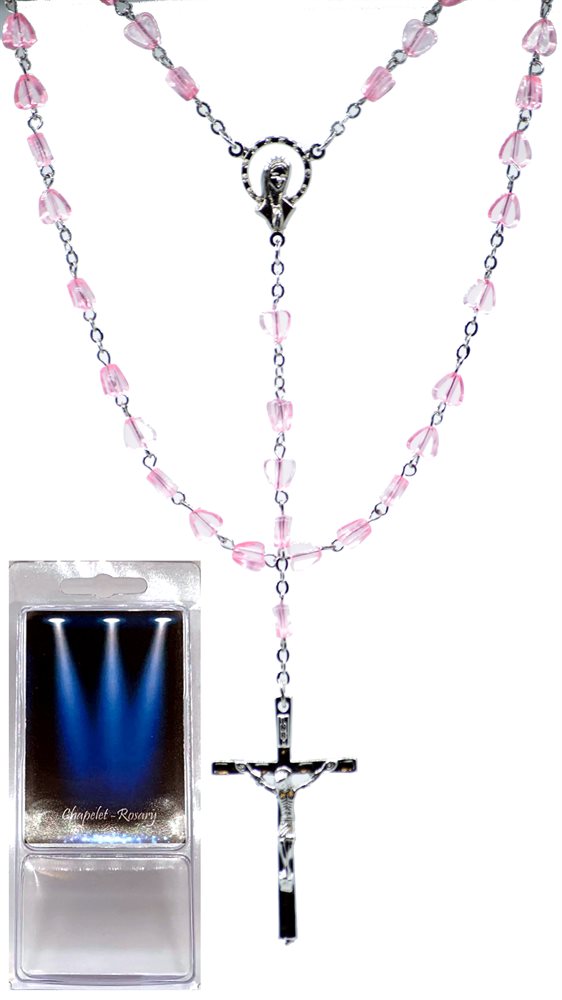 Boxed Rosary, 6 mm Pink Heart-Shaped Bds, 18"