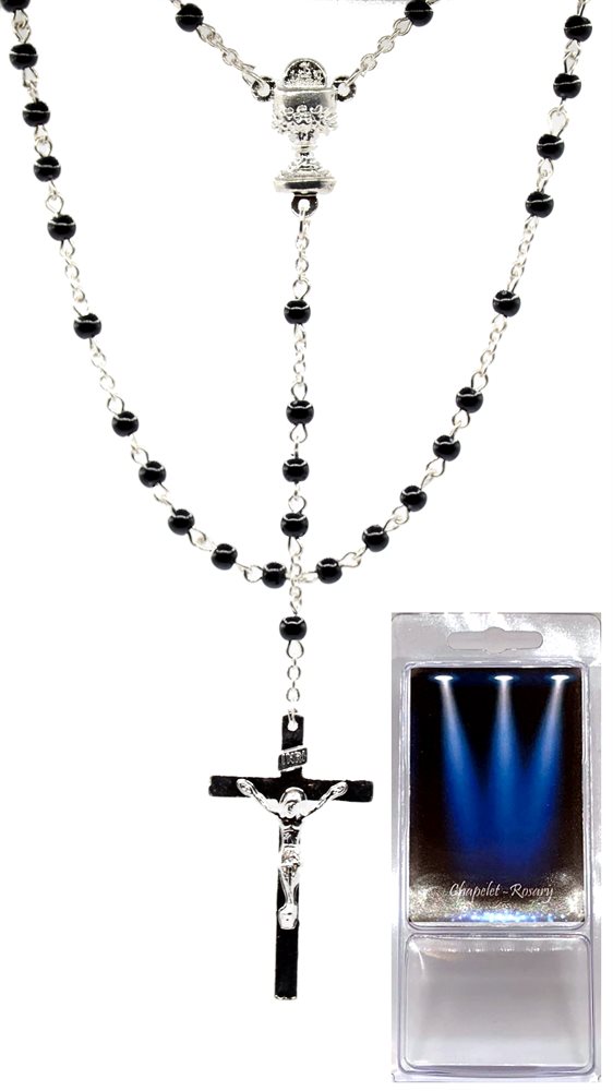 Boxed Rosary, 4 mm Black Pearl Beads, 16½"