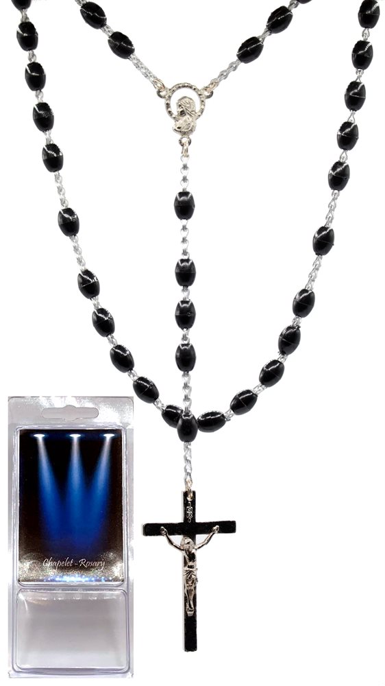 Boxed Rosary, 7 mm Black Plastic Beads, 20"