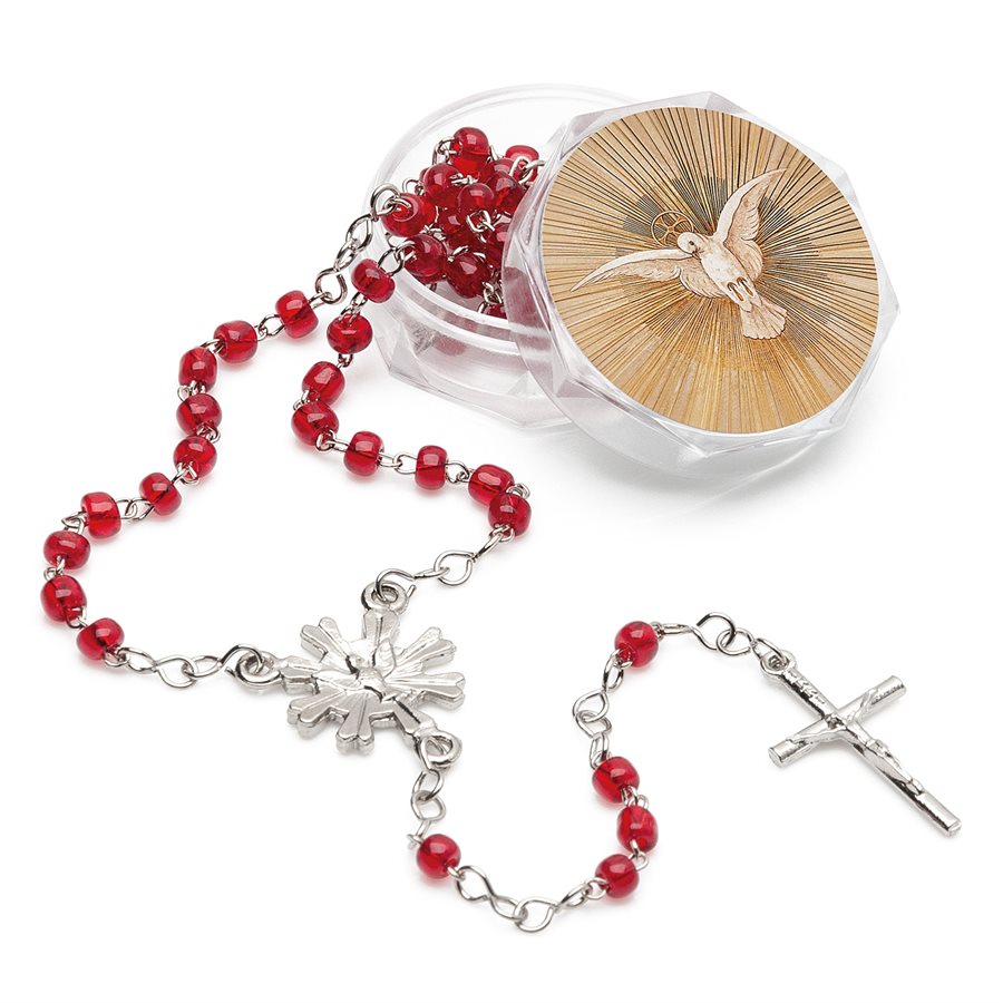 Red Confirmation Rosary 14'', Holy Spirit Box