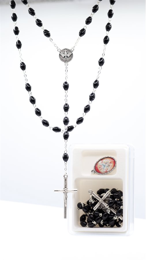 Boxed Rosary, 6 mm Black Plastic Beads, 18"