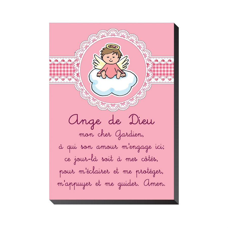 Plaque Baptême "Ange de Dieu" rose, bois, 10 x 14 cm, Franç.