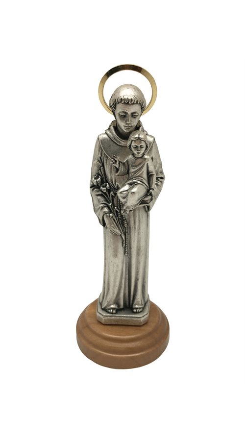 Statuette Saint Antoine, métal, base bois olivier, 12 cm