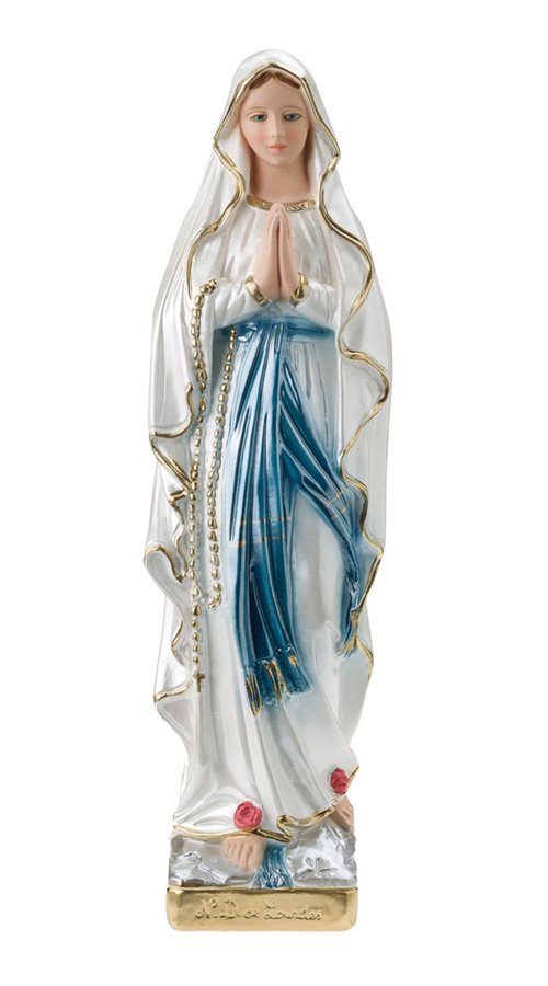 Statue de ND Lourdes, plâtre coloré et nacré, 30,5 cm