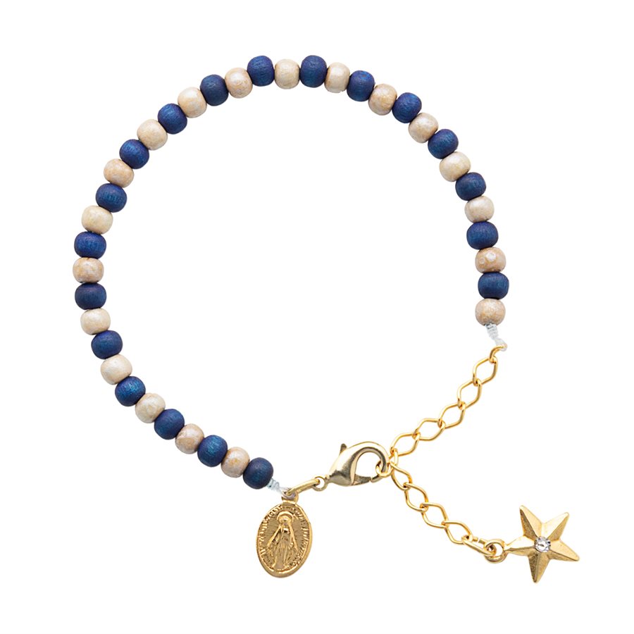 Gold Miraculous medal Bracelet with 4 mm wooden beads