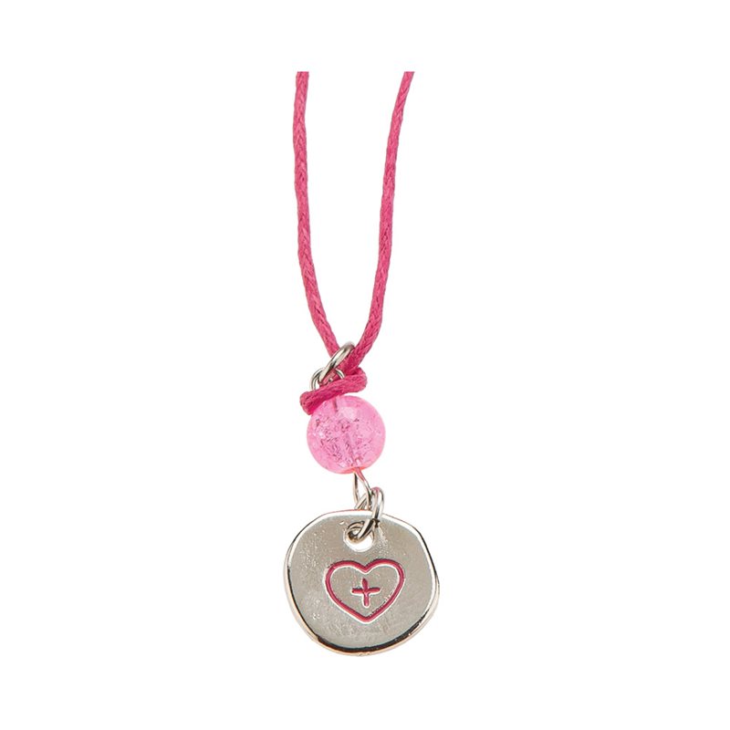 Collier ajustable, coeur argenté et corde rose