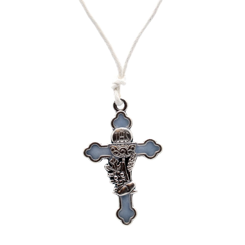 Collier métal bleu 1ère Communion sur corde blanche