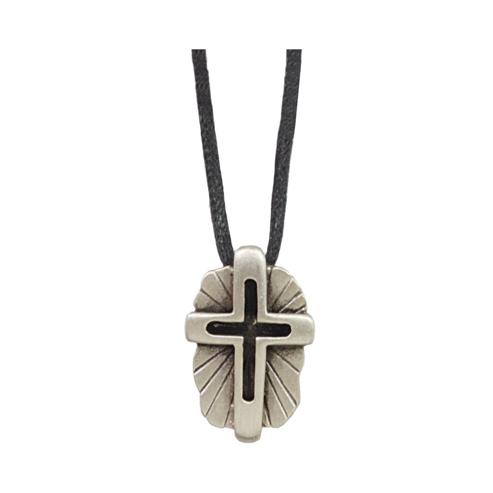Adj. Leather Necklace, Pewter Cross, 24"