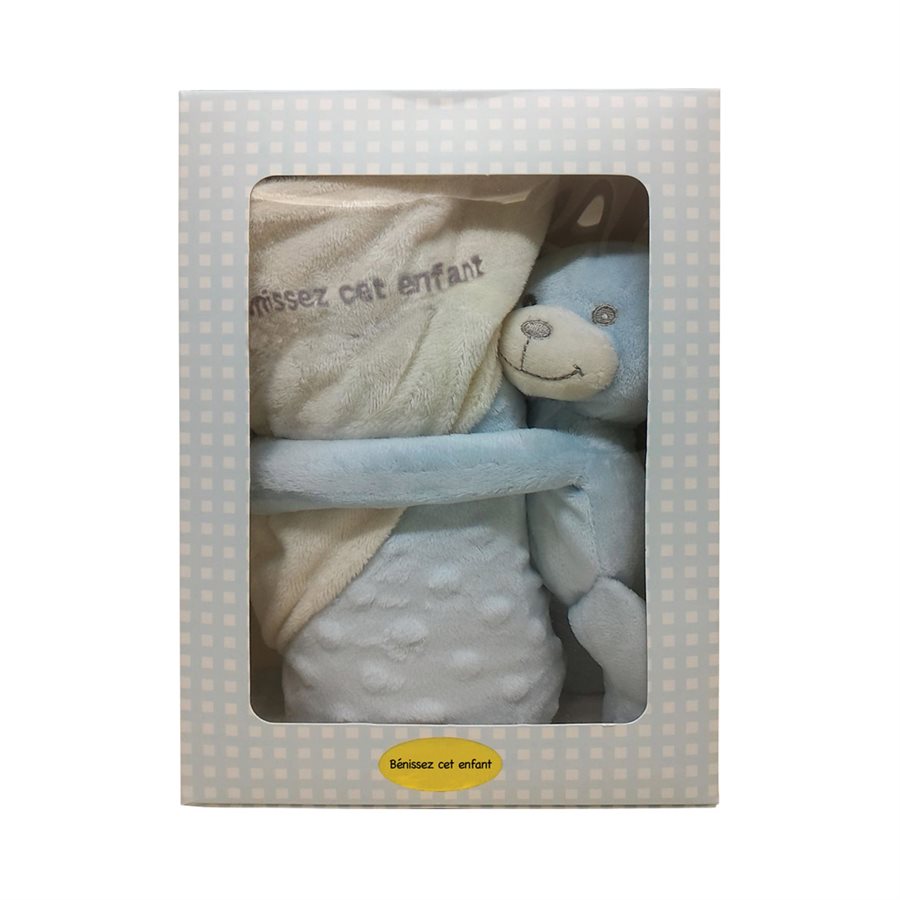 Ourson plush bleu avec serviette de bain, Français