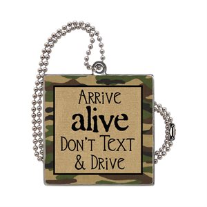 "Arrive Alive" Camo Car Charm, metal, 2.4", E