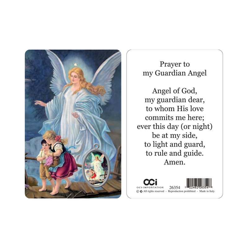 'Guardian Angel'' Picture, Prayer & Resin Medal, 3.3", Engli