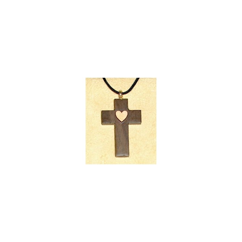 Varnished Walnut & Maple Wood Cross & Rope Pendant, 1.5"