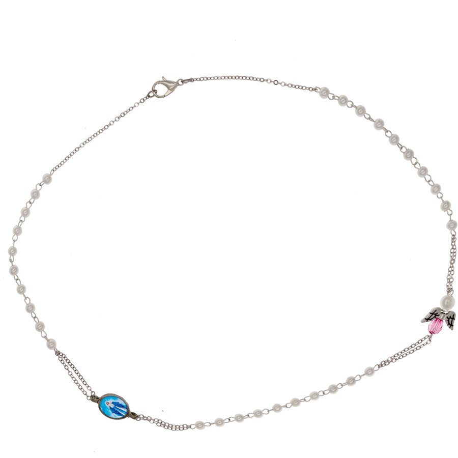 Collier Chapelet cristal 3 dizaines, ange perlé rose