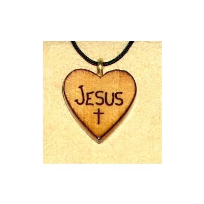 Varnished Pine Wood Heart & Rope Pendant "Jesus", 1" (2.5 cm
