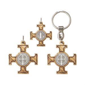 St. Benedict Key Ring, Olive wood & metal
