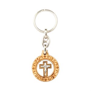 Wooden & Metal Key Ring w / Crucifix