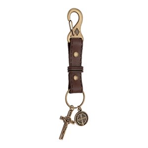 Porte-clés cuir Saint Benoit, Médaille et croix dorée, 15 cm