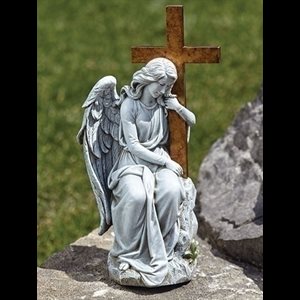 13'' Angel Leaning on Cross Resin Statue