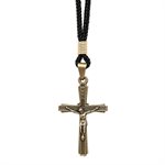 Pendentif croix 4 cm, métal doré antique, corde noir 38 cm