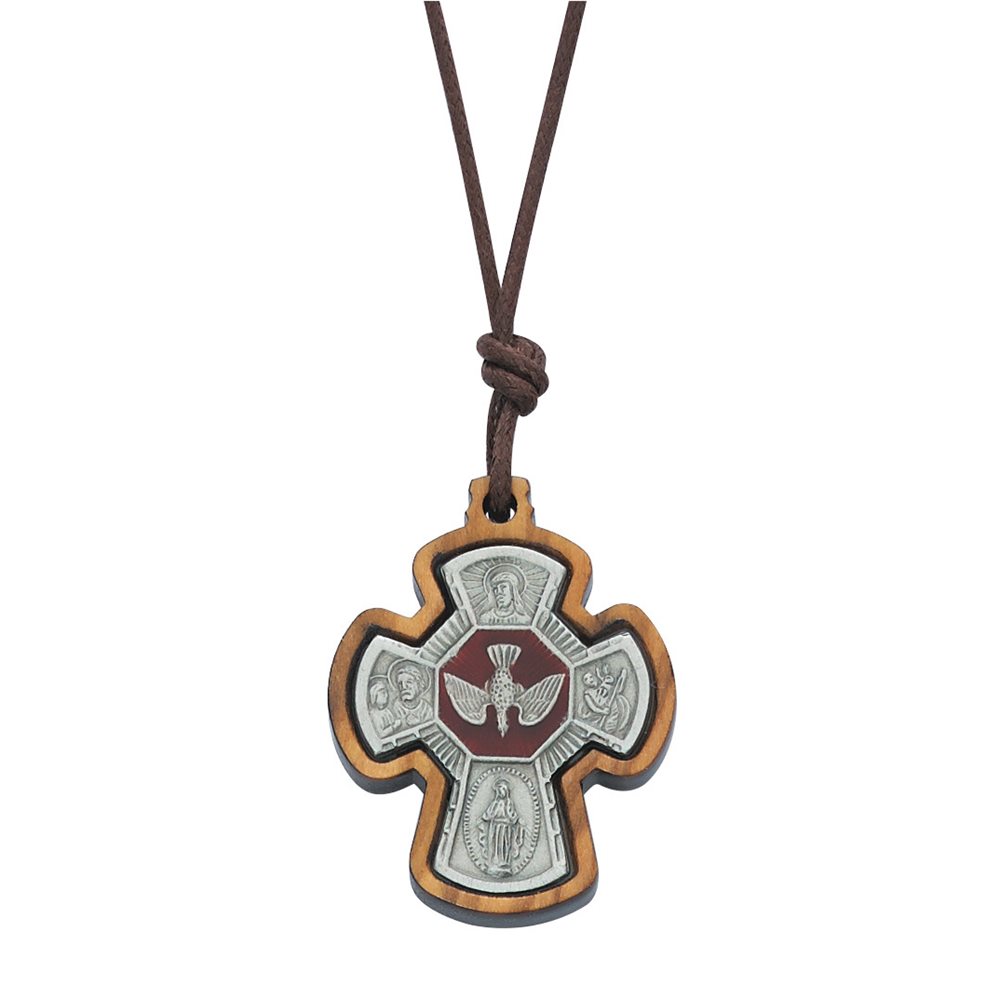 Pendentif de confirmation, bois et étain, sur co