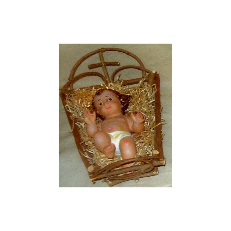 Plaster Infant Jesus W / Glass Eyes & Crib, 9" (23 cm)