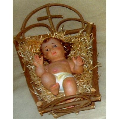 Pers. Enfant-Jésus 9" (23 cm) plâtre, yeux de verre, berceau