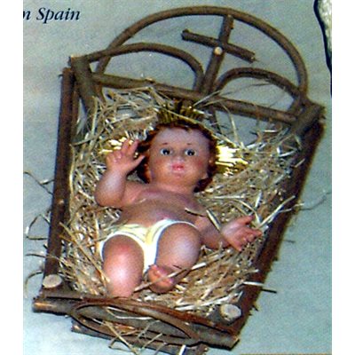 Pers. Enfant-Jésus 9" (23 cm) plâtre, yeux de verre, berceau