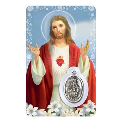 Carte et médaille plastifiée et prière Sacré-Coeur Jésus