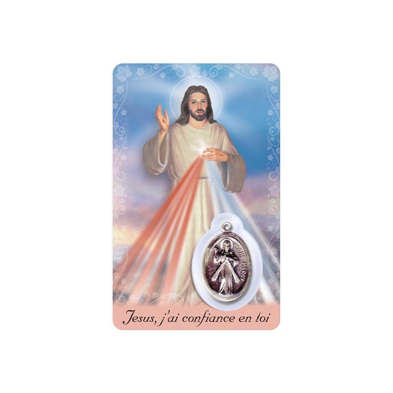 Carte et médaille plastifiée et prière Jésus Miséricordieux
