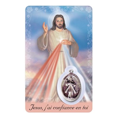 Carte et médaille plastifiée et prière Jésus Miséricordieux