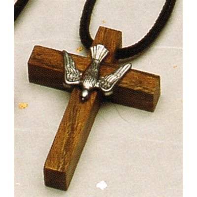 Croix Confirmation bois noyer, colombe étain 1.5" (3.8 cm)