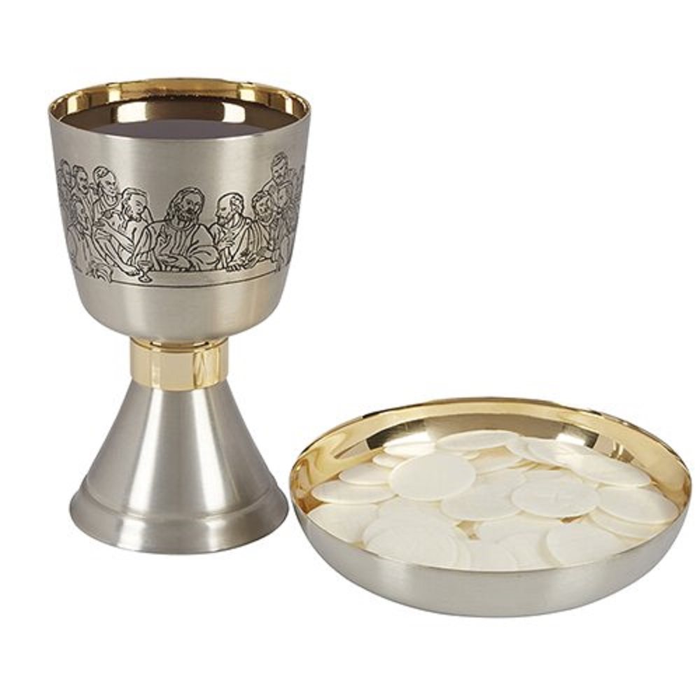 Last Supper Etched Chalice and Bowl Paten, 7" H