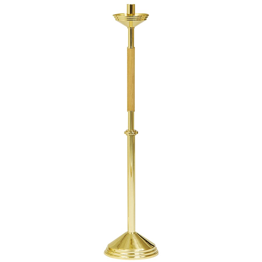 Processional Candlestick polished brass / Oak W. 46'' H x10.5"