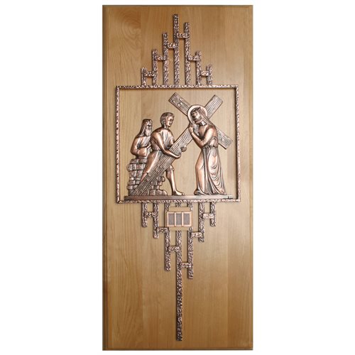 Bronze Stations of the Cross on wood 32'' H. x 13.5", 14 St.