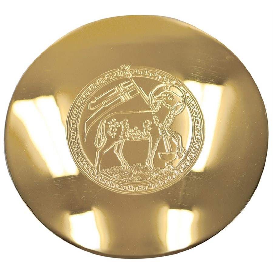 Paten, 5 3 / 4" Dia., 24K Gold Plated, Agnus Dei Emblem