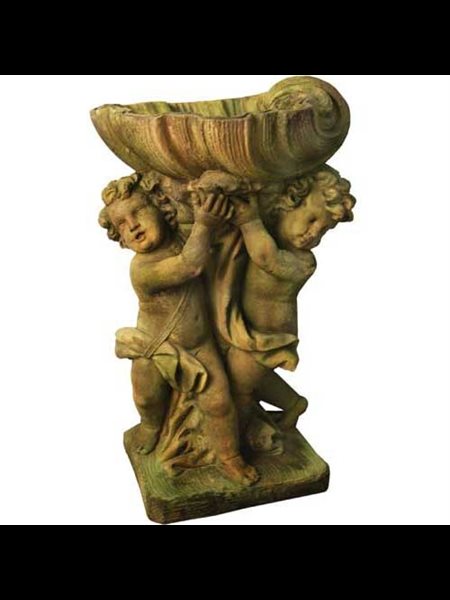 Fiber Stone Holy Water Font Twin Cherubs with Shell 36" Ht.