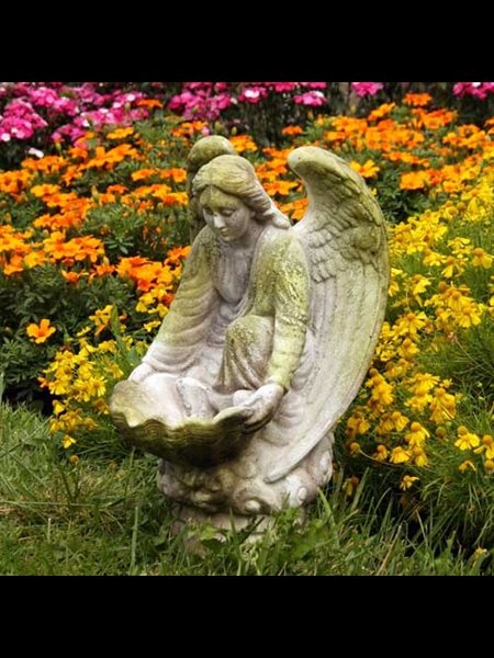 Fiber Stone Outdoor Font Fegana Angel, 18" (46 cm) Ht.