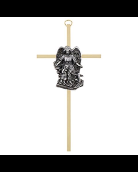 CROSS - GUARDIAN ANGEL - 4-1 / 4" HT - GOLD PLATE PEWTER EMBLE
